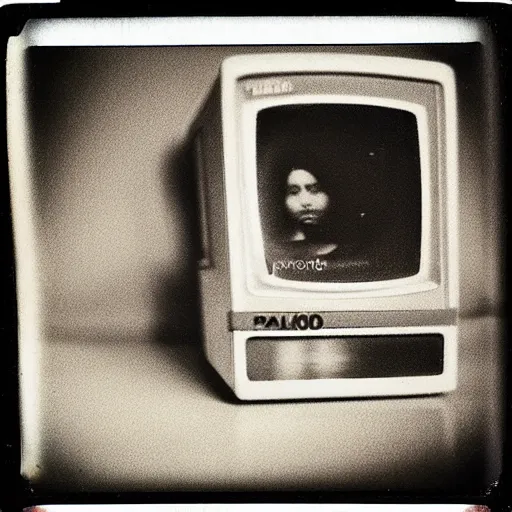 Image similar to creepy Polaroid photo of a cursed TV showing a well, 90s, black and white, dark room, found footage, in the style of the ring