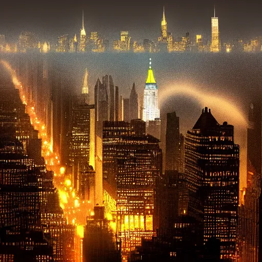 Image similar to The bitcoin signal shines into the clouds over new york city on a dark, foggy night, photo realistic