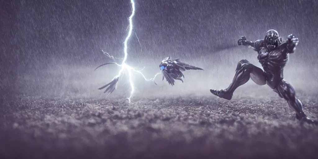 Image similar to skeletor fighting he - man, fog on the ground, heavy rain, lightning, moody lighting, shallow depth of field,