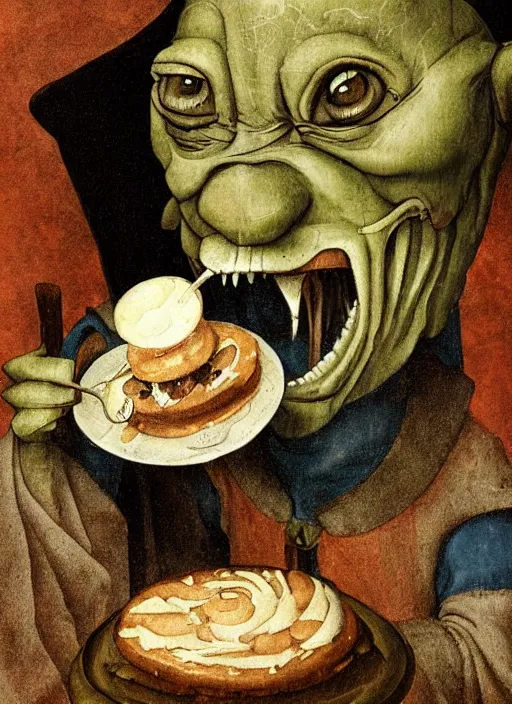 Image similar to medieval goblin eating cakes painted by hieronymus bosch, detailed digital art, trending on Artstation