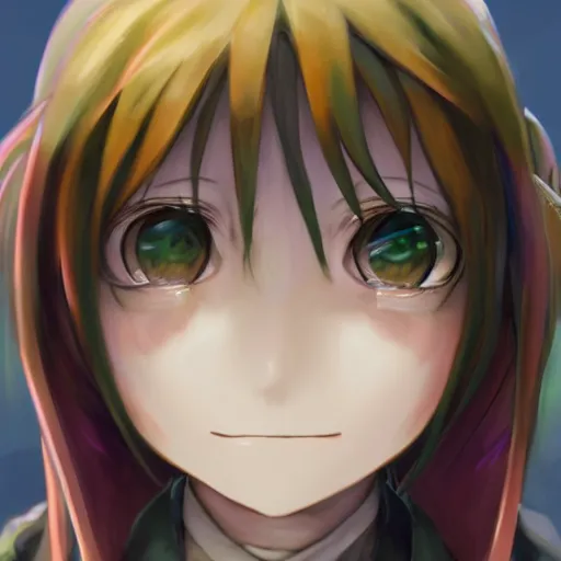 Image similar to made in abyss riko concept art, super detailed face and green eyes, yellow hair, colorful, WLOP, kuvshinov, very coherent symmetrical artwork. Cinematic, hyper realism, high detail, 8k, trending on artstation