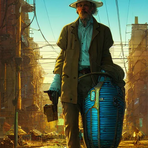 Image similar to A solarpunk very detailed farmer on the street of a very detailed solarpunk city art by Taras Shevchenko, neofuturistic highly detailed, digital art, smooth cyan gold light, sharp focus, Golden Ratio illustration, realistic concept art by Stephen Hickman and James Gurney and Hiromasa Ogura Ghost in the Shell