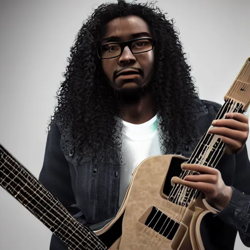 Prompt: photorealistic portrait of a hybrid of guitar and black man at 20's years old, with long curly hair, wearing eyeglasses, hyper realistic octane render, extremely detailed, trending on artstation, 8k,