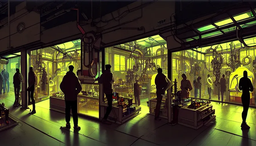 Image similar to inside a robotic shop store in The City of Lisbon at night with a few customers, extreme plus resolution scifi concept art, intricate details to everything visible, sharp lighting, Dramatic light by denis villeneuve, strong emphasis on alphonse mucha, Makoto Shinkai