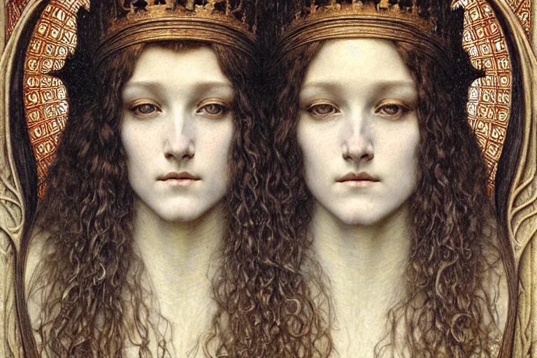 Image similar to detailed realistic beautiful young medieval queen face portrait by jean delville, gustave dore and marco mazzoni, art nouveau, symbolist, visionary, gothic, pre - raphaelite. horizontal symmetry