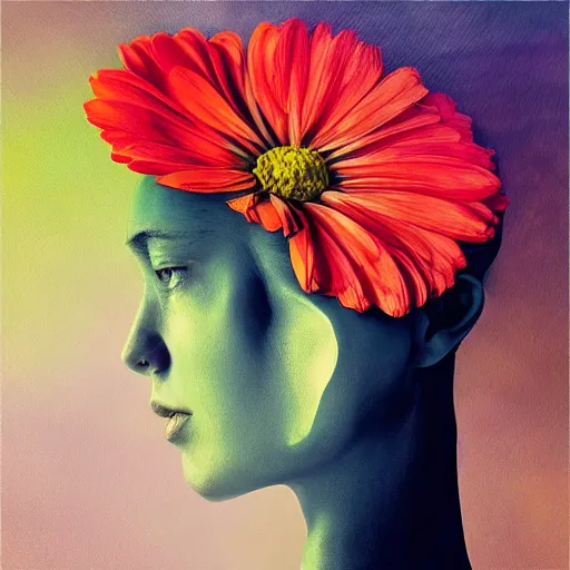 Image similar to huge flower as head, woman standing in a luxury apartment, surreal photography, dramatic light, impressionist painting, digital painting, artstation, georgia o'keeffe