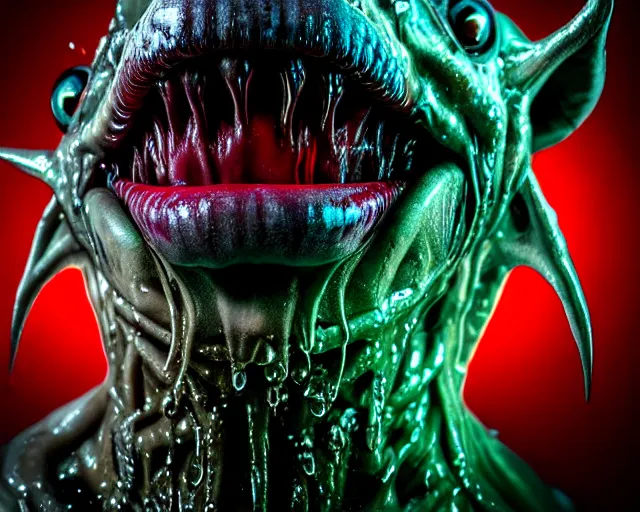 Prompt: realistic long textured tongue demon wet humanoid alien, smoke, mouth in mouth, large alien eyes, metallic reflective fangs dripping greenish acid saliva from teeth, thin red veins, intricate grey fish scales, ornate, cinematic light shadows, reflections, crawling in a wet sewer pipe, dim flashlight lighting, insanely detailed, fisheye lens