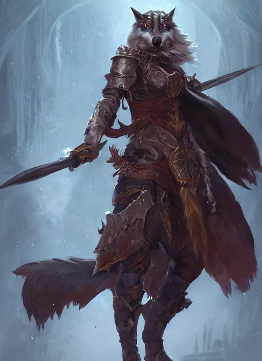 Image similar to portrait commission furry high fantasy female anthro wolf paladin wielding a halberd designed by Greg rutkowski, concept art, fantasy, 4k, CG render