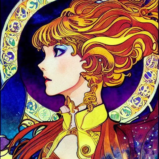 Prompt: the sailor galaxia. beautiful, realistic painting by mucha and kuvshinov and bilibin. watercolor, thick lining, manga, soviet realism