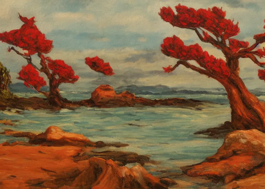 Image similar to red river with skull shaped pebbles on the shore surrounded by spikey trees, landscape, oil painting