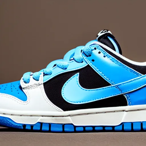 Prompt: a press photograph of nike dunk low baby blue and white
