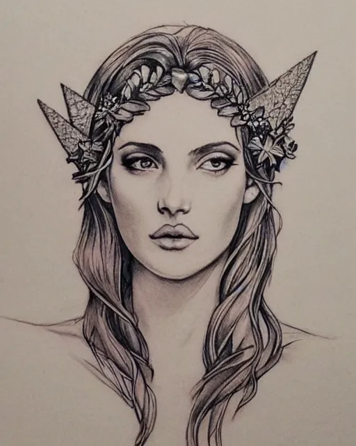 Prompt: realism tattoo sketch of a beautiful greek goddess aphrodite wearing a laurel wreath and arrowhead earrings, beautiful confident eyes, beautiful flowing hair, hyper realistic face, in the style of artgerm, fantasy, amazing detail, epic, elegant, smooth, sharp focus, from the front, long shot