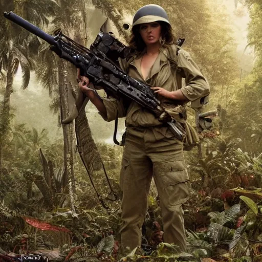 Image similar to an extremely detailed matte painting of a ridiculously good looking mimi mathy that looks like a jewish gigachad in the vietnam war, wearing a ballistic helmet from patton, long curly hair, camouflaged gear, very detailed, jungles of vietnam beautiful, intricate, cinematic, artstation, william bouguereau, alphonse mucha, greg rutkowski, stanley kubrick, octane render