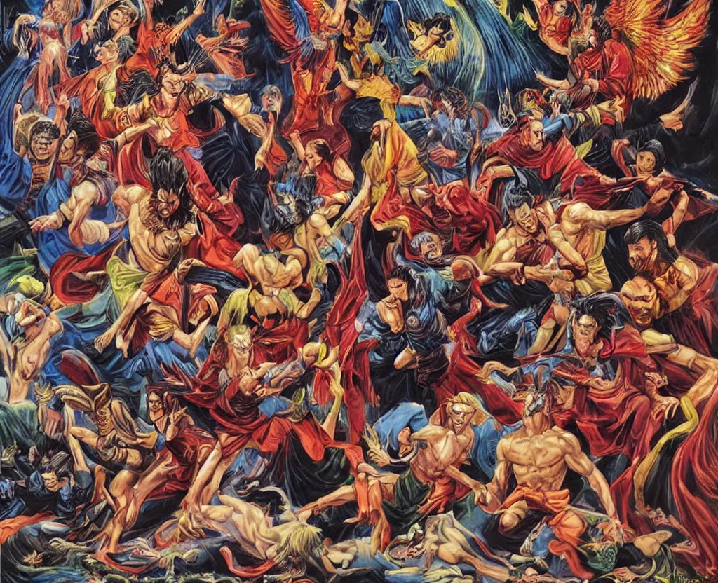 Prompt: God and Lucifer in a Kung Fu fight surrounded by angels, artwork by Joe Jusko