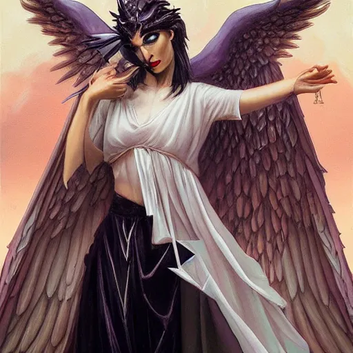 Prompt: a robed angel with iridescent black raven wings, by Peter Mohrbacher, Artgerm, Steve Argyle, Mark Brooks, Jim Burns