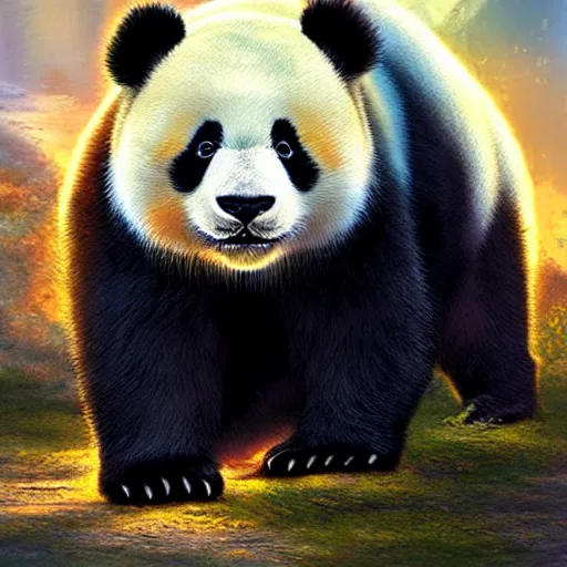 Image similar to cute fluffy panda lion hybrid creature with panda face and long furry lion mane detailed luminescent 4 k magical realism painting