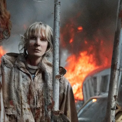 Image similar to trainwreck, boxcar on fire, atmospheric and depressed, post-apocalyptic, Cinematic, film still from a horror movie