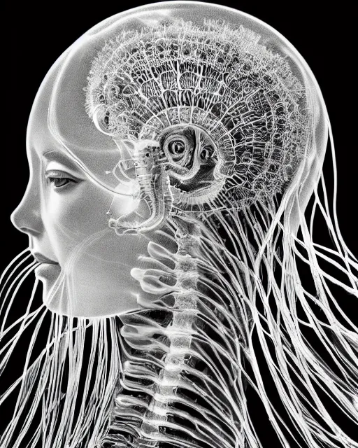 Image similar to mythical dreamy black and white organic bio - mechanical spinal ribbed profile face portrait detail of beautiful intricate monochrome angelic - human - queen - vegetal - cyborg, highly detailed, intricate translucent jellyfish ornate, poetic, translucent microchip ornate, photo - realisitc artistic lithography in the style of hg giger