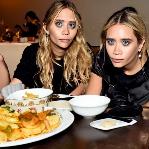 Image similar to obese mary kate and ashley olsen eating mukbang