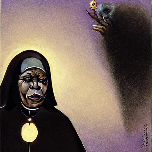 Prompt: a black nun wearing shiny jewelry, she's smoking a cigar and puffing smoke, by Beksinski, star-shaped lens flare