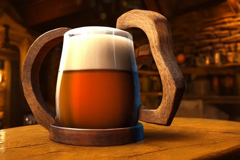 Prompt: closeup of a wooden tankard of ale in a medieval cozy tavern, digital painting, artstation, concept art, smooth, sharp focus, illustration