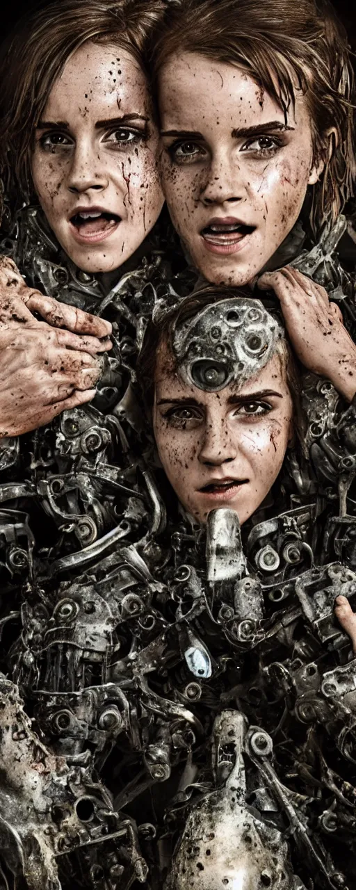 Image similar to photorealistic Emma Watson conjoined closeup angry tired fighting yelling warface face vascular nerve bundles fractal mecha spinal chord fractal armour twinned conjoined sisters action poses dishevelled photorealistic portrait grimy sweating bloody oily wet face dirty t-shirt and torn jeans in broken biomechanical fractal armour abandoned exploding sci-fi abandoned coal power station being reclaimed by the jungle, cinematic lighting, dark and dim atmospheric smog trending on artstation 8k matte painting, dramatic lighting, dramatic shadows professional photograph by Patrick Demarchelier, Sparth and Greg Rutkowski