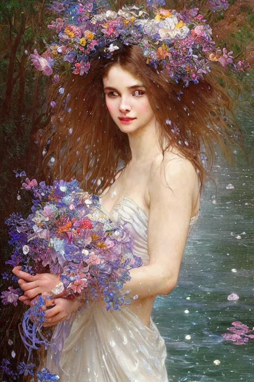 Image similar to portrait of a beautiful woman wearing a white dress, holding a bouquet of flowing flowers, drenched body, wet dripping hair, emerging from the water, fantasy, regal, fractal crystal, fractal gems, by stanley artgerm lau, thomas kindkade, alphonse mucha, loish, norman rockwell