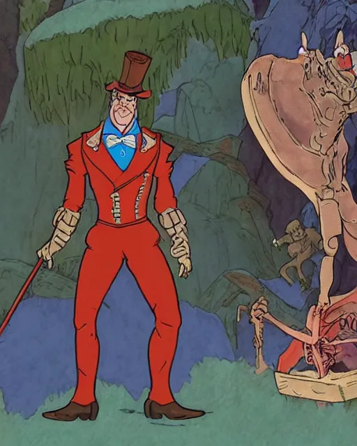 Prompt: An allosaurus dressed as a victorian gentleman on Masters of the Universe (1983), cartoon animation by Filmation, blu-ray transfer, 5k