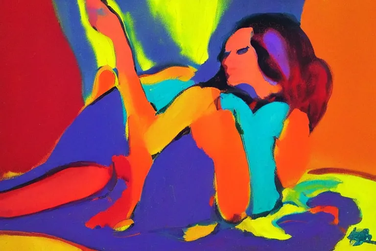 Prompt: a beautiful girl relaxing on a cloud by peter max, portrait,