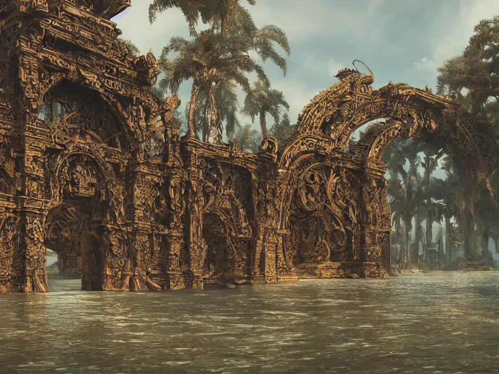 Image similar to an intricate concept art of a large structure tribal gate in a lagoon, artstation, sci - fi, hyper realistic, concept art, art by dylan cole, cinematic lighting, octane render