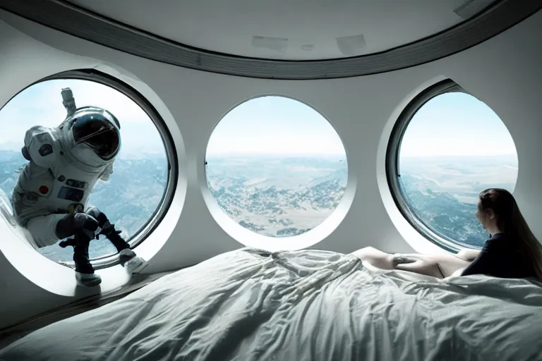 Image similar to sci-fi scene of space tourists in glamourous spaceship bedroom looking out large circular window at earth orbit By Emmanuel Lubezki