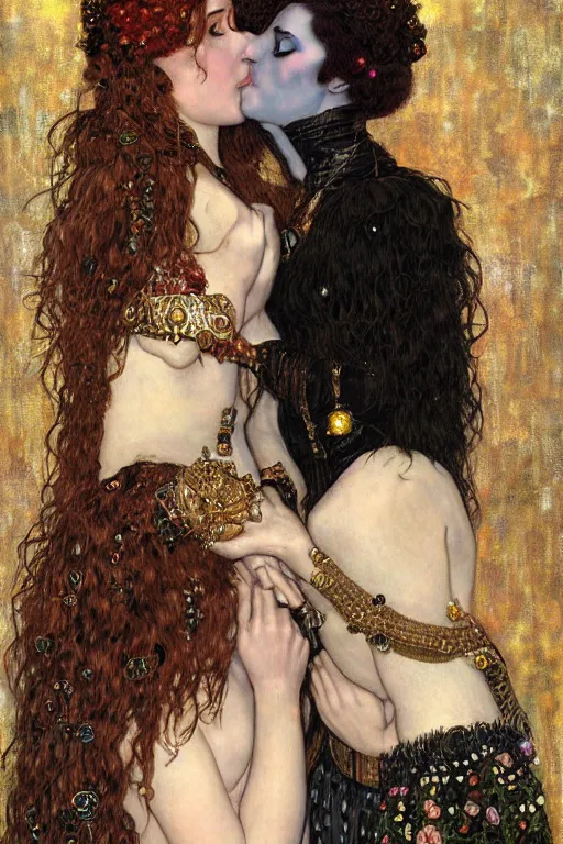 Prompt: portrait of two beautiful young gothic maidens kiss, dark fantasy, Warhammer, highly detailed, artstation, illustration, art by Gustav Klimt