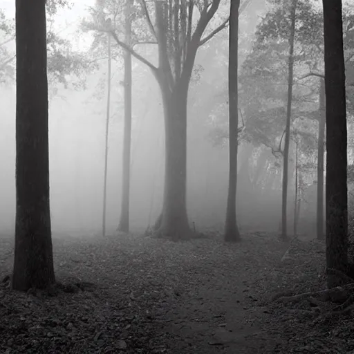 Prompt: disturbing creature with ghoulish face and long appendages, in a forest, black and white, realistic, with creepy fog