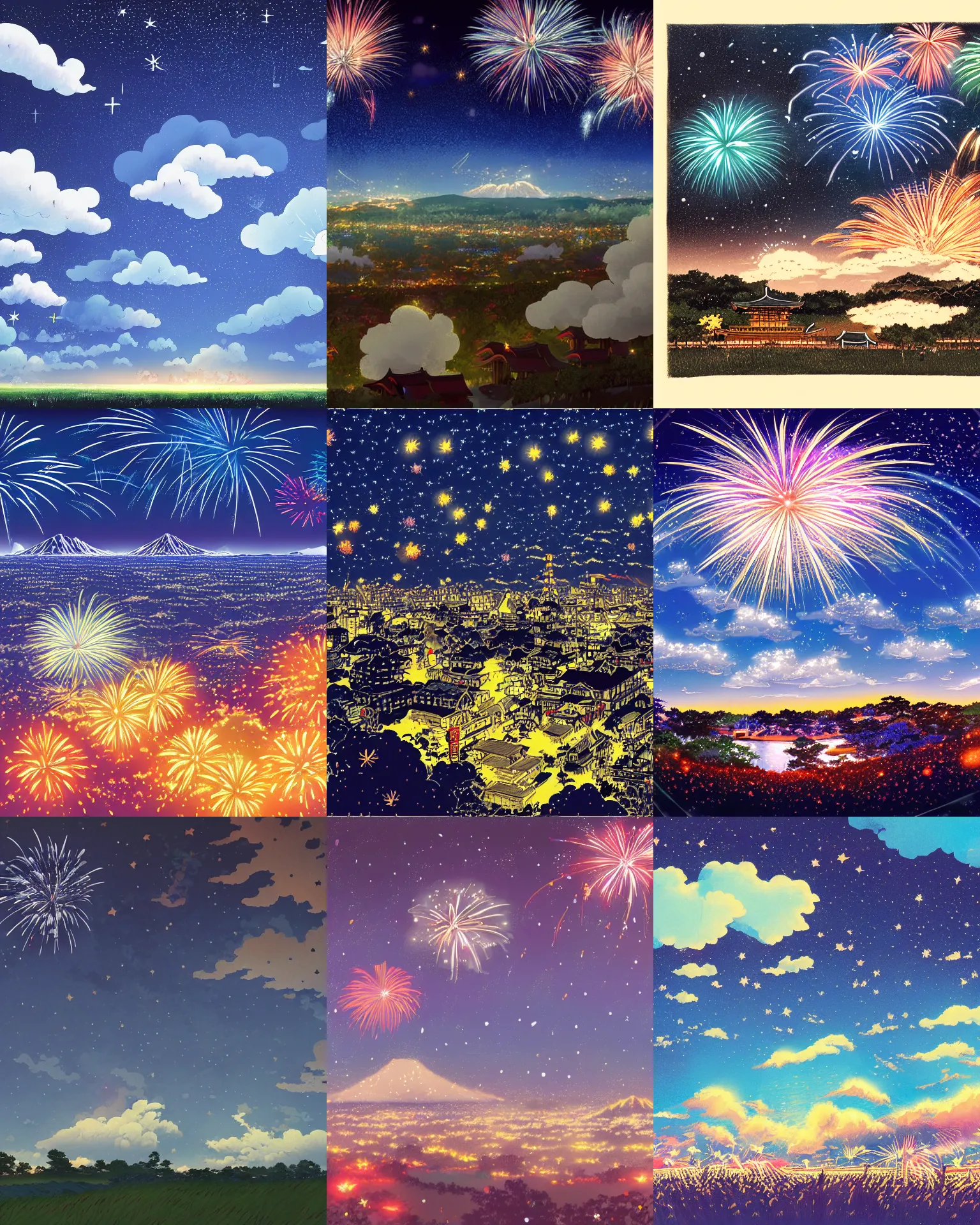Prompt: A wide-angle animation illustration,Fireworks display in Japan, summer, night, cumulus clouds, stars,by Miyazak,Makoto Shinkai