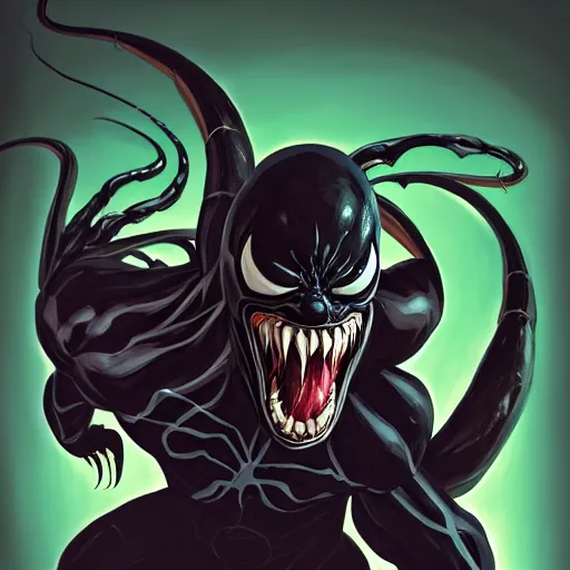 Image similar to we are venom, marvel supervillain, artstation, cartoon, elegant, highly detailed, digital painting, concept art, smooth, sharp focus, illustration, art by ghibli, makoto shinkai, don bluth, fujita goro, jean giraud, atey ghailan, akihiko yoshida, tom whalen, fadeev 8 k