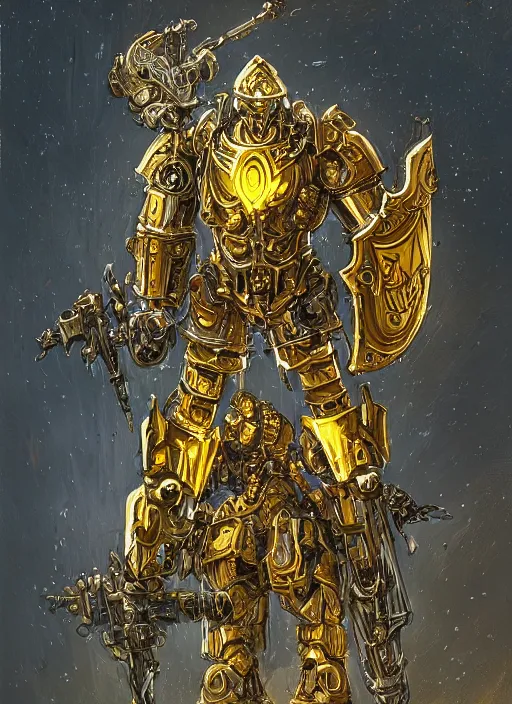 Image similar to dynamic portrait of a intricate glorious holy mechanical warforged character in yellow armor holding a paladin engraved great longsword and carrying a big paladin shield, spotlight from face , epic , trending on ArtStation, masterpiece, cinematic lighting, by Jesper Ejsing and by Philippe Druillet and by Yoann Lossel