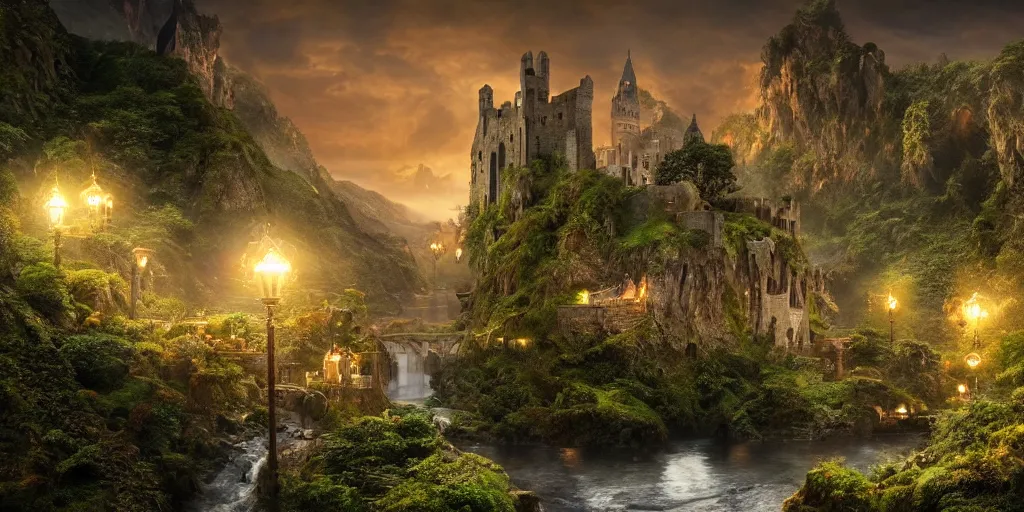 Image similar to beautiful and immersive magical town, magical buildings, bioluminescent forest surrounding, gentle rivers flowing through town, award - winning cinematography - cinematic lighting, dramatic lighting, hdr, 4 k, stunning and beautiful view - unbelievably amazing - highly detailed, hyperrealistic, in the style of lord of the rings and pan's labyrinth