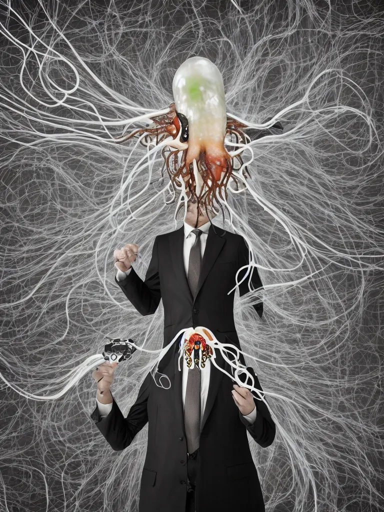 Image similar to a formal portrait photograph of an exploding salesman attached to a perspex neural squid gestation machine. tubes sprawling into his eyes. his legs are replaced by fractal hovercraft and he is decorated with flock wallpaper