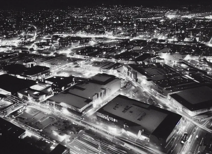 Image similar to a sprawling building complex seen from a dark parking lot in los angeles at night. 1 9 9 0 photo by james cameron