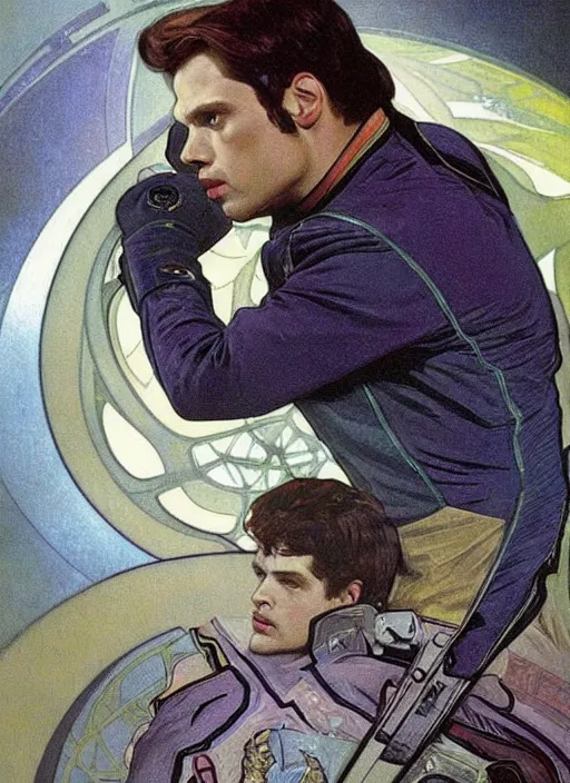 Image similar to sebastian stan as a star trek captain, a still from star trek painted by alphonse mucha. clear highly detailed face, beautiful sci fi art