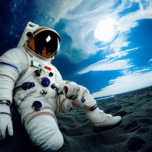 Image similar to an astronaut relaxing on the beach, dramatic lighting, cinematic, extremly high detail, photorealistic, cinematic lighting, nasa footage