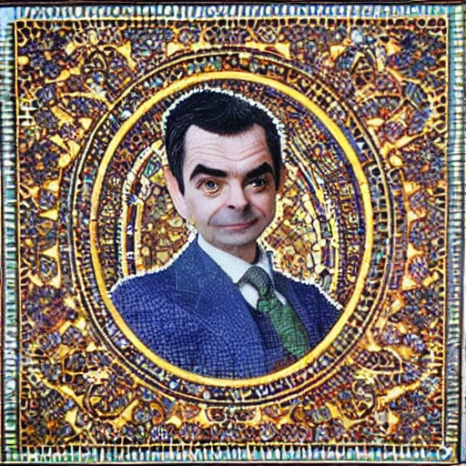 Image similar to a highly detailed ornate and intricate Persian mosaic of Mr. Bean!, gold and cobalt tiles