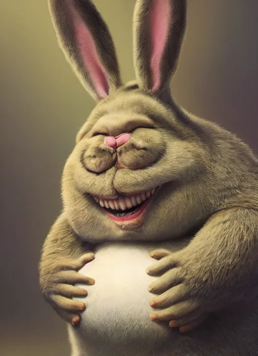 Image similar to hyper realistic, portrait of a derpy mr. bean big chungus, with bunny rabbit ears, very fuzzy, furry, smoking weed, big smile, buck teeth, bright balanced lighting, by greg rutkowski, scott m fischer, artgerm, loish, slight glow, atmospheric, anne stokes, alexandros pyromallis, 4 k, 8 k