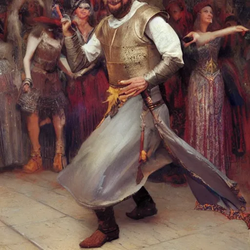 Image similar to an elated medieval chancellor, dancing a jig, character portrait by greg rutkowski, gaston bussiere, craig mullins