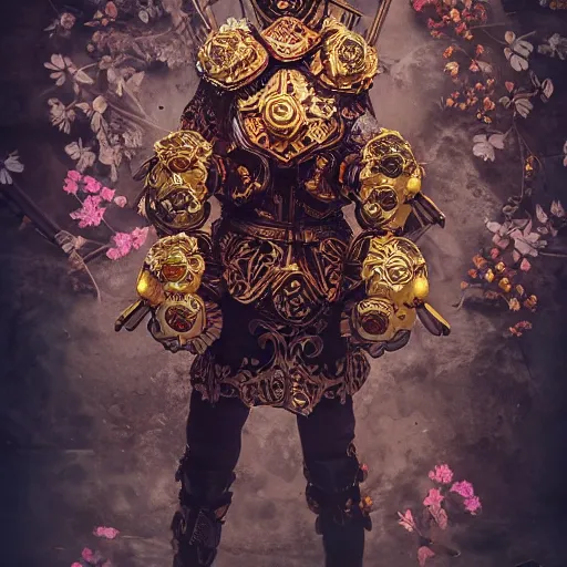 Prompt: a clockwork knoght wearing ornate wooden armor covered in flowers, brilliant colors, cinematic lighting