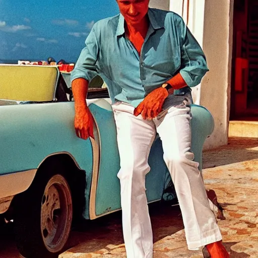 Image similar to Vladmir Putin enjoying the summer in cuba, photo made by Slim Aarons, award winning,