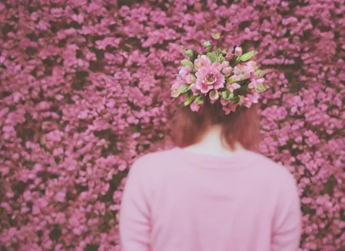 Image similar to photography, close-up of the back of a woman\'s head with interwoven flowers in center against a pink wall, daylight, 35mm