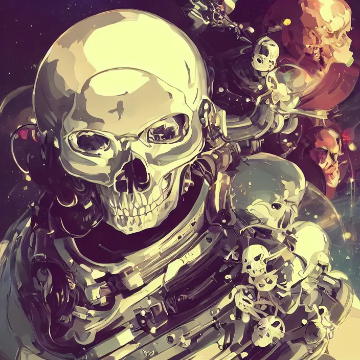 Image similar to anime skull portrait space pirate captain, futuristic science fiction, mucha, hard shadows and strong rim light, art by jc leyendecker and atey ghailan and sachin teng