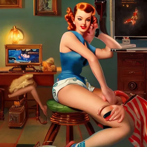 Prompt: a photograph of a pin up girl playing videogames, by Alberto Vargas, highly detailed and intricate, cinematic lighting 4k