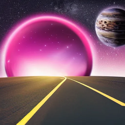 Image similar to A car flying through space, in the distance is a planet, neon, colorful, hyper realistic
